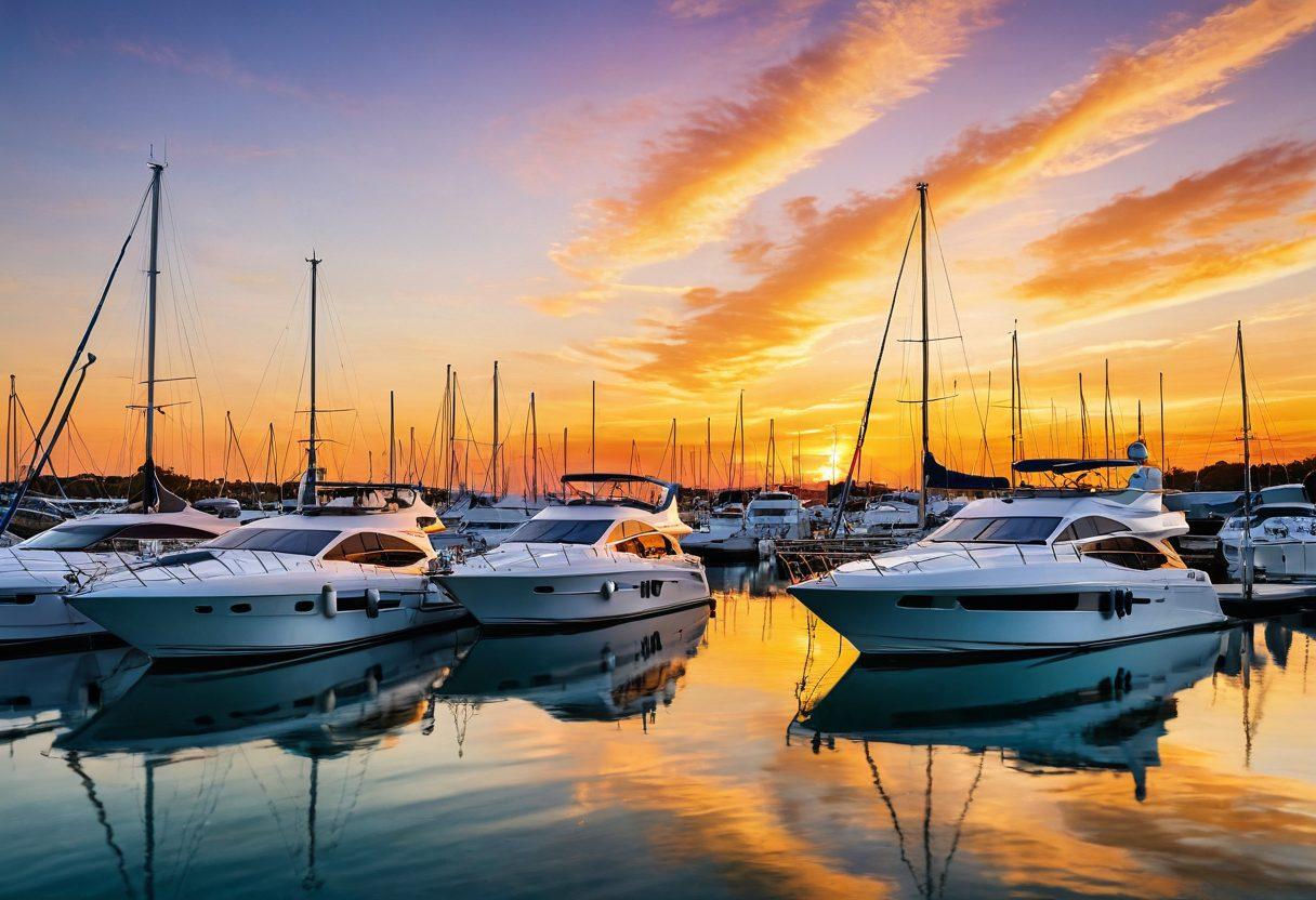 A serene marina scene with luxurious yachts moored in crystal-clear waters, a calm sunset casting golden hues across the horizon. Overlaying elements include a visual representation of insurance documents and protective shields surrounding the boats, symbolizing safety and coverage. Soft waves and gentle ripples enhance the tranquil atmosphere. hyper-realistic. vibrant colors. sunset backdrop.