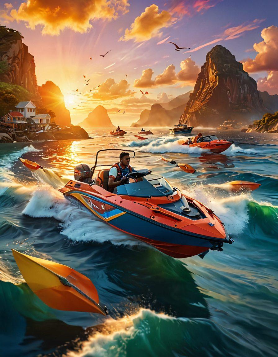 An adventurous scene of a person confidently navigating a colorful watercraft through vibrant, choppy waters, with various insurance icons floating above like shields and anchors. In the background, a sunset casts warm hues across the sky, symbolizing safety and protection in the journey. Emphasize a sense of freedom and security. super-realistic. vibrant colors. cinematic lighting.